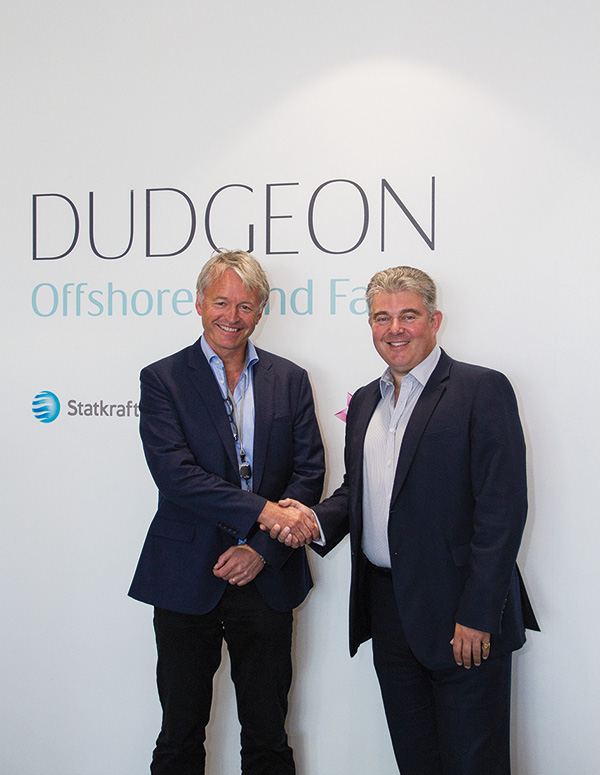 Brandon Lewis welcomed to the Dudgeon Base  by Rune Rønvik (left).