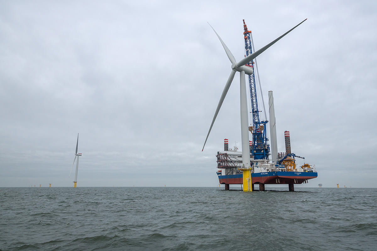 Sea Challenger from A2Sea installing turbines at Dudgeon Offshore Wind Farm