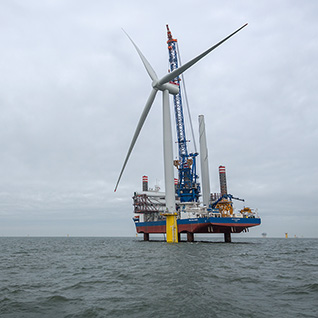 Sea Challenger from A2Sea installing turbines at Dudgeon Offshore Wind Farm.